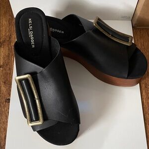 Kelsi Dagger Black Mules with Brass Buckle